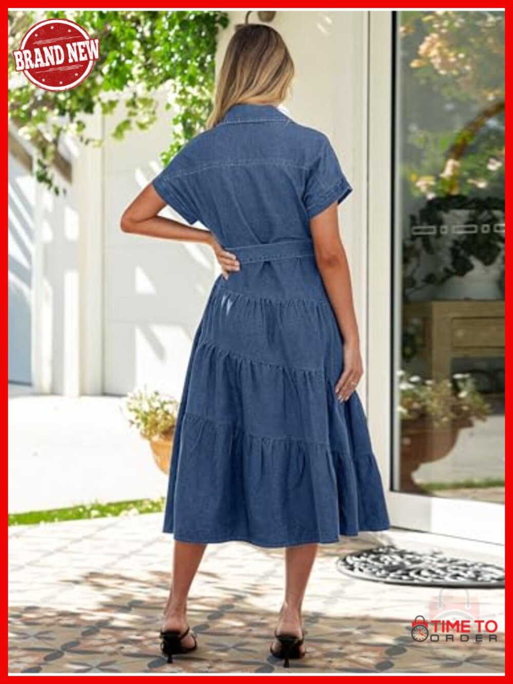 Women's Denim Shirt Dress - Casual Belted Midi with Pockets - Picture 5 of 6